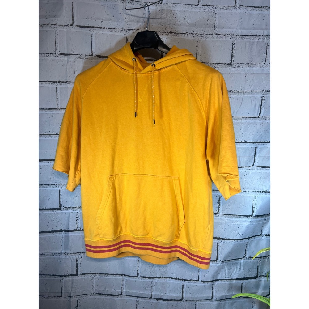 Urban Outfitters Mens XL Short Sleeve Hoodie Yellow Pink Stripe Hem Fleece